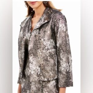 N. Natori XL Metallic Jacquard Black Silver Gold Long Sleeve Open Front Jacket